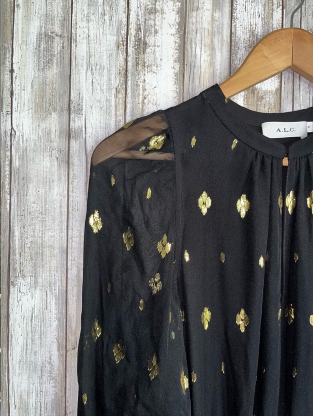 A.L.C. Sydney Silk Shirtdress Black Gold Metallic Print Ruffle Keyhole Dress XS - Picture 6 of 8